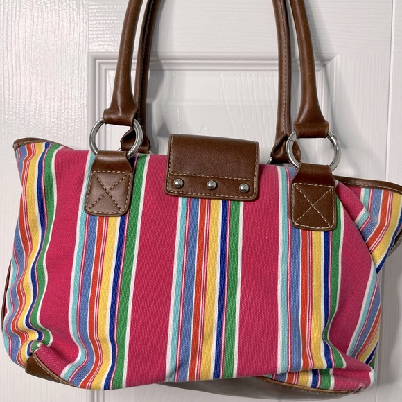 CHAPS FABRIC COLORFUL STRIPED PURSE WITH BROWN LEATHER - Picture 2 of 5
